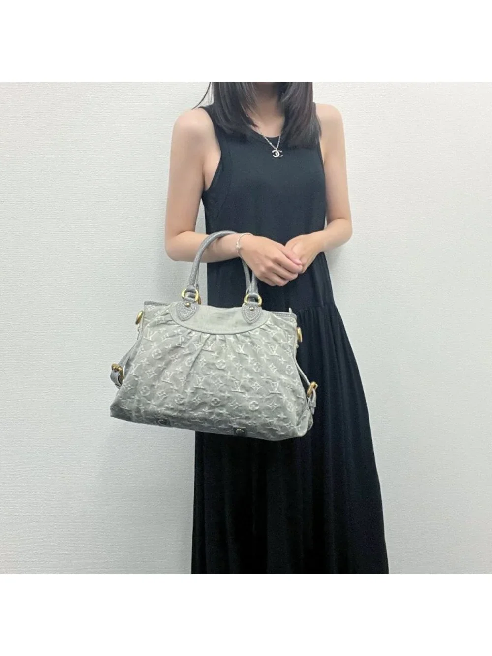 Louis Vuitton Monogram Denim Neo Cabby MM Handbag Gray Gold Vintage